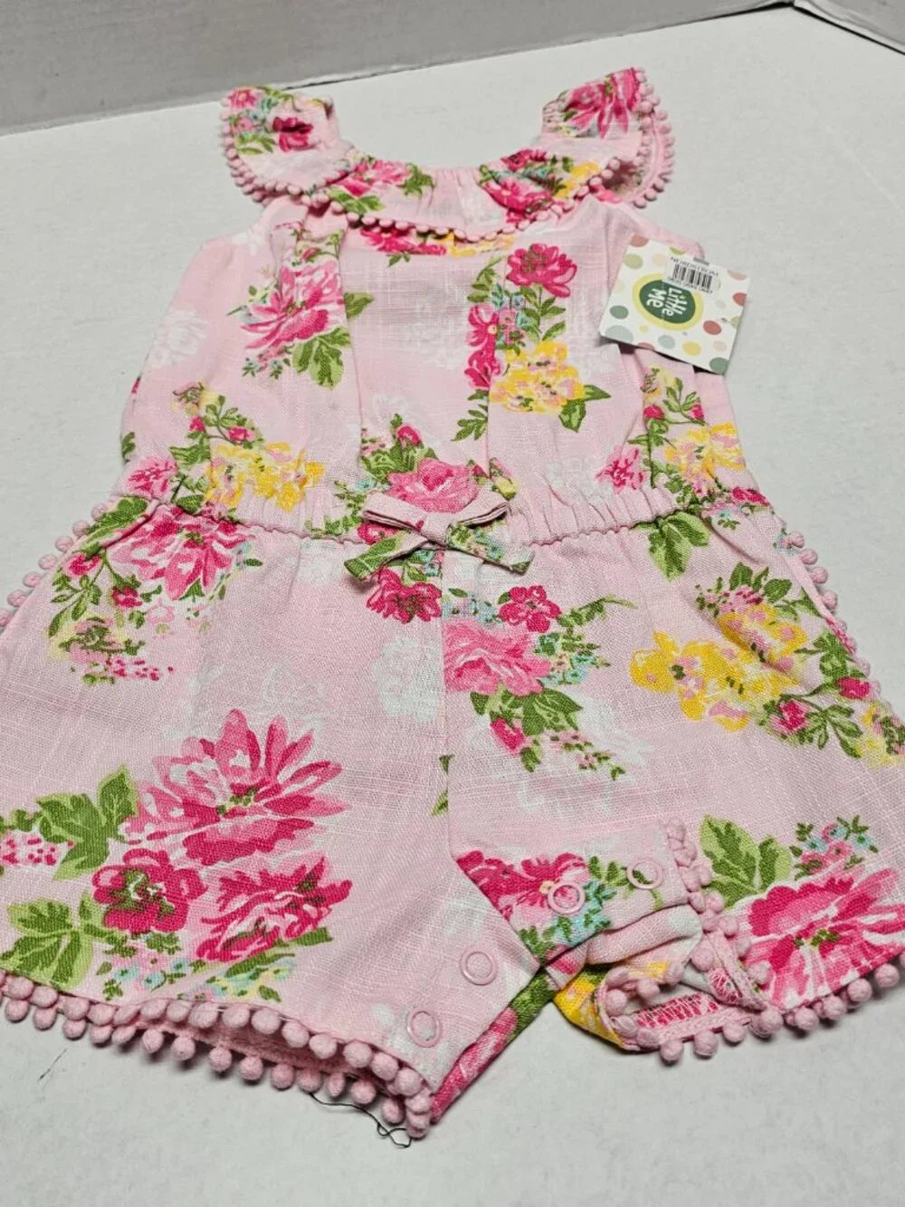New Little Me Pink Baby Girl Flower Woven Romper Sleeveless Pom edge 24 Month